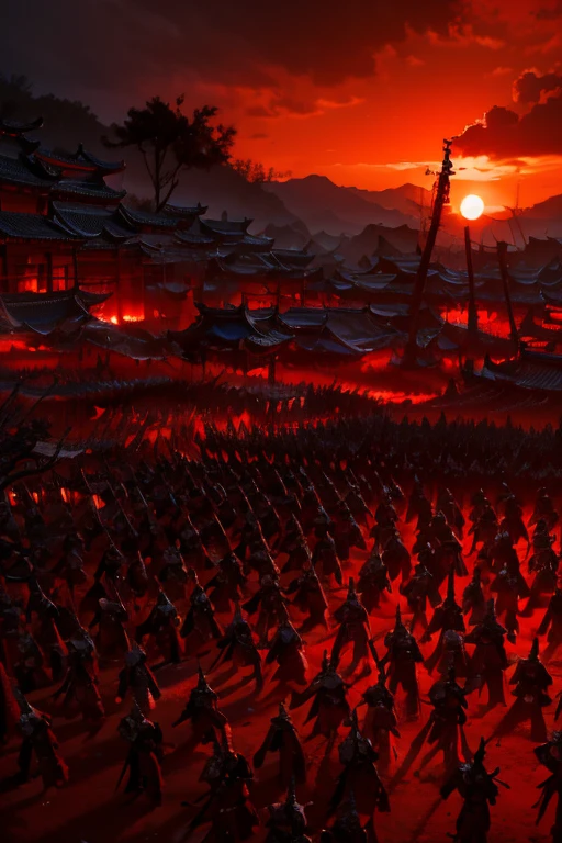 On the land covered with corpses,There are groups of headless Chinese soldiers wearing armor,There were wisps of red blood and black evil spirit coming out of his body.。These red blood and black evil spirits rise into the sky,Mix and blend in the sky