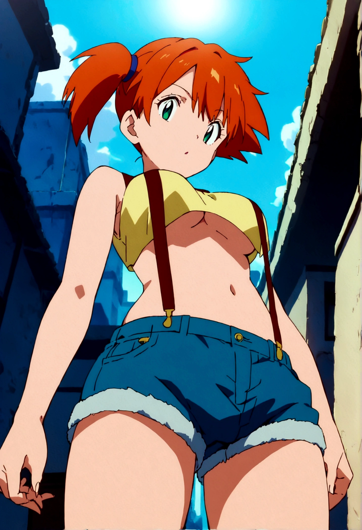 score_9,score_8, score_7_.superior, (from below:1.2),low angle,(Insect's Eye),(watching at viewer)  (mature) , (outcome), One girl, , , Outdoor, Green Eyes, Orange Hair, Side Ponytail, Yellow Shirt, Sleeveless shirt,belly button, Denim shorts, suspenders,  Captivating look, Seductive expressions),under_boob,(arms in sides,),great lighting,  perfect hands, detailed shadows,anime artwork, anime style, key visual, vibrant, studio anime,
highly detailed,  anime coloring, masterpiece, best quality,
best aestethic, absurdres,
