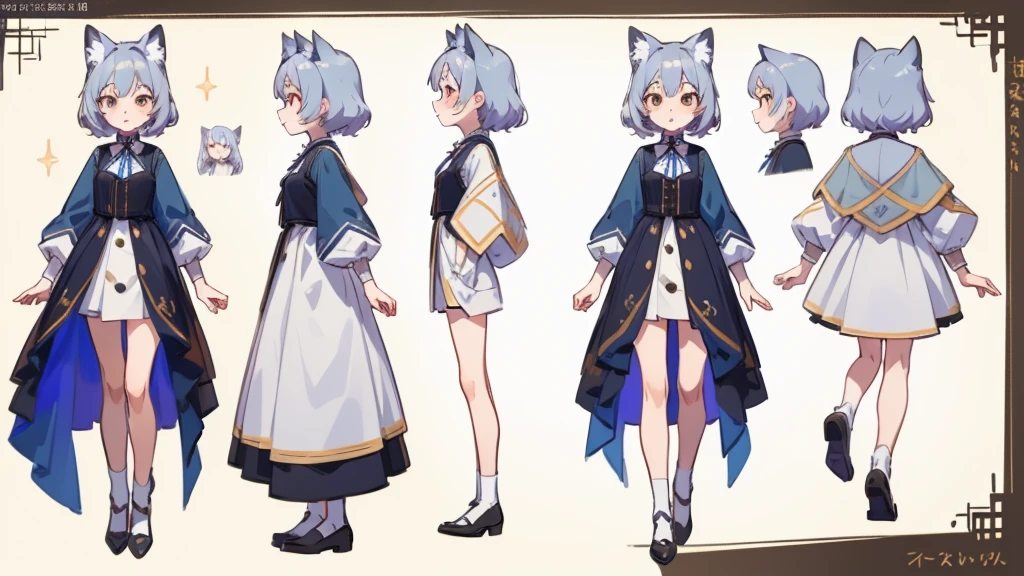 ((masterpiece, Highest quality)), ((tsurime)),Detailed face, Character Sheet, Full Body Lesbian, One girl,show,Full of details, Various poses and expressions, Very detailed, depth, A graceful wild fox girl with mostly silver hair, Sparkling eyes, Delicate skin, 青い髪のYouTuberCharacter Sheet, whole body, sexy