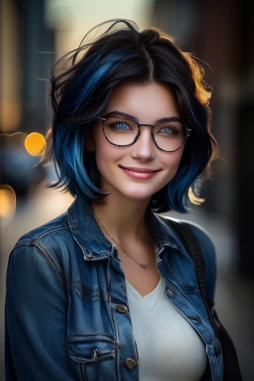Kate, short black hair with blue highlights, looking at the viewer, blue eyes, perfect body, round glasses, full body, going to work, drawing folder, city of São Paulo, Brazil, grin, short hair, black hair, streaked hair, blue hair, hair over one eye, hair behind ear, cinematic lighting, Hyperrealism, close-up