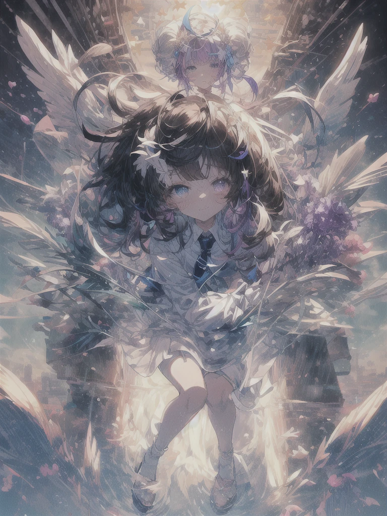 pretty, anime, pastel, neon, vtuber-fullbody vtuber-halfbody, kawaii Masterpiece, young woman, sitting down, parted lips, black eyes, fluffy curly hair, bangs, ahoge, light brown hair, rosy cheeks, short sleeve, black and purple dress, puffy sleeves, black gloves, purple ribbons, ((faded iris)), myceliumtech, scifi, Mycelia, spongy, PsychedelicMasterpiece, ((Faded iris)), flowers, smile, water effect, ahoge, looking up, upper view, yuki miku, very long blue hair, twintails, hair ornament, blue eyes, kawaii looking upupper viewhair ornament(masterpiece:1.2), (hires:1.2), (better hands:1.2), beautiful hands, perfect anatomy, holding star, 1boy, antenna hair, choker, white jacket, shoulder-belt, collared shirt, ear piercing, chain earrings, gradient, stars hair ornament, male focus, multicolored hair, purple hair, yellow strands, yellow necktie, (eye1 purple, eye2 yellow, heterochromia), starlight, starMasterpiece, young girl, white hair, fluffy hair, ahoge, medium length hair, bird feathers, sky, jungle, feather ears, white bird wings, vibrant colors, flowers, flower crown, leaves, white silk dress, detailed sleeves, strewn plants, hair over eyes, butterfly style, more_details:-1, more_details:0, more_details:0.5, more_details:1, more_details:1.5, (((ultra detailed))), softcore, kawaii, 