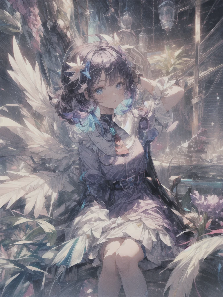 pretty, anime, pastel, neon, vtuber-fullbody vtuber-halfbody, kawaii Masterpiece, young woman, sitting down, parted lips, black eyes, fluffy curly hair, bangs, ahoge, light brown hair, rosy cheeks, short sleeve, black and purple dress, puffy sleeves, black gloves, purple ribbons, ((faded iris)), myceliumtech, scifi, Mycelia, spongy, PsychedelicMasterpiece, ((Faded iris)), flowers, smile, water effect, ahoge, looking up, upper view, yuki miku, very long blue hair, twintails, hair ornament, blue eyes, kawaii looking upupper viewhair ornament(masterpiece:1.2), (hires:1.2), (better hands:1.2), beautiful hands, perfect anatomy, holding star, 1boy, antenna hair, choker, white jacket, shoulder-belt, collared shirt, ear piercing, chain earrings, gradient, stars hair ornament, male focus, multicolored hair, purple hair, yellow strands, yellow necktie, (eye1 purple, eye2 yellow, heterochromia), starlight, starMasterpiece, young girl, white hair, fluffy hair, ahoge, medium length hair, bird feathers, sky, jungle, feather ears, white bird wings, vibrant colors, flowers, flower crown, leaves, white silk dress, detailed sleeves, strewn plants, hair over eyes, butterfly style, more_details:-1, more_details:0, more_details:0.5, more_details:1, more_details:1.5, (((ultra detailed))), softcore, kawaii,