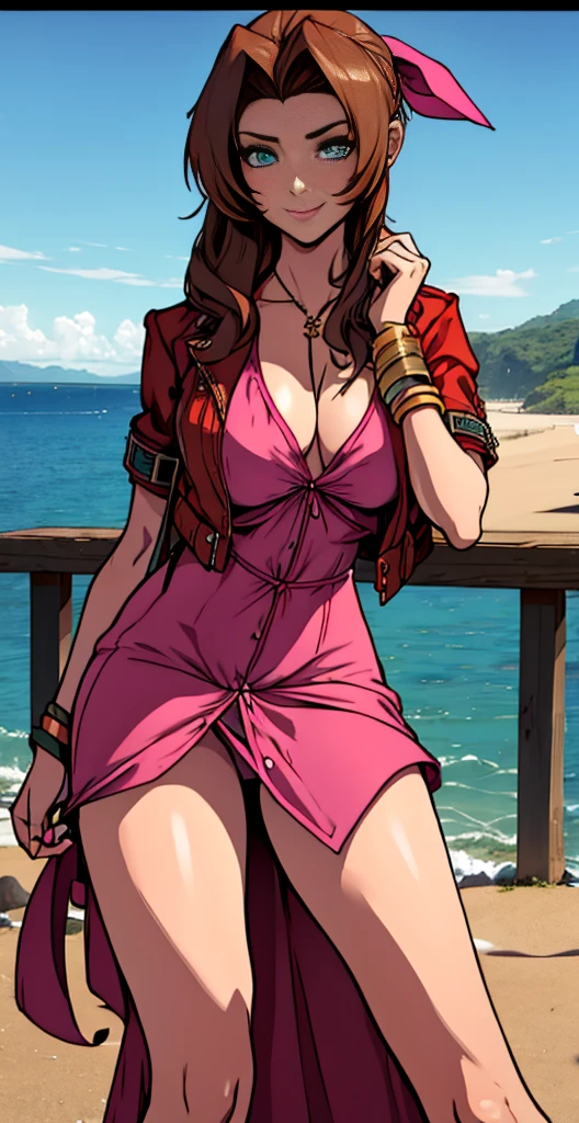 masterpiece, best qarity, Aerith Gainsborough, She is standing, she is raised, short dress, Athletic build, thin waste, broad hips, perky ass, gargantilha, Short jacket, hair bow, bracelet, pink dress, spectator side, smile, mouth shut, inside, stained glass, legs thick, big boobies, very short dress, she is standing, She is standing, beach scene