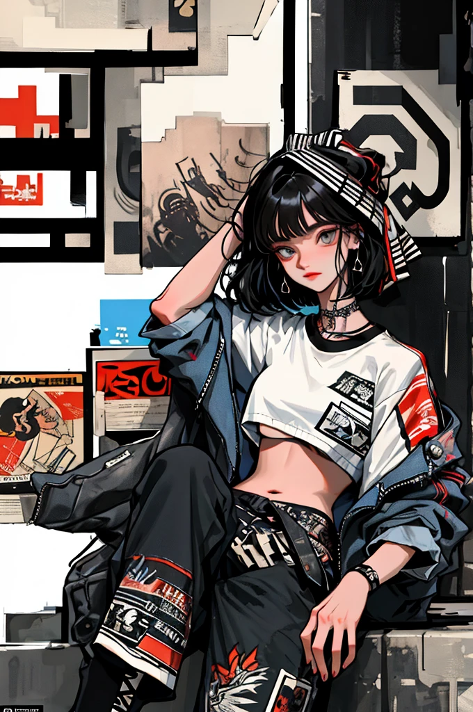(masterpiece: 1.2, best quality), (The real situation, Intricate details), (1 woman, Perfect face,Black Hair, bob cut,Bangs, alone, Upper Body, Big tits) clothing: sharp, fashionable, cool, fashionable, Non-standard, advance guard, experimental appearance: shaved head or bold hair color, gorgeous makeup, Unconventional fashion choices, Tattoo on arm: rebellious, non-conformist, Provocation Venue: urban art district, underground music scene hobby: Attend a punk show, Create art with mixed media, Experiment with different subcultural values: personality, facticity, Creative expression inspiration: Punk Rock, counterculture icons, advance guard art movements Character traits: bold, Bold, Non-standard.