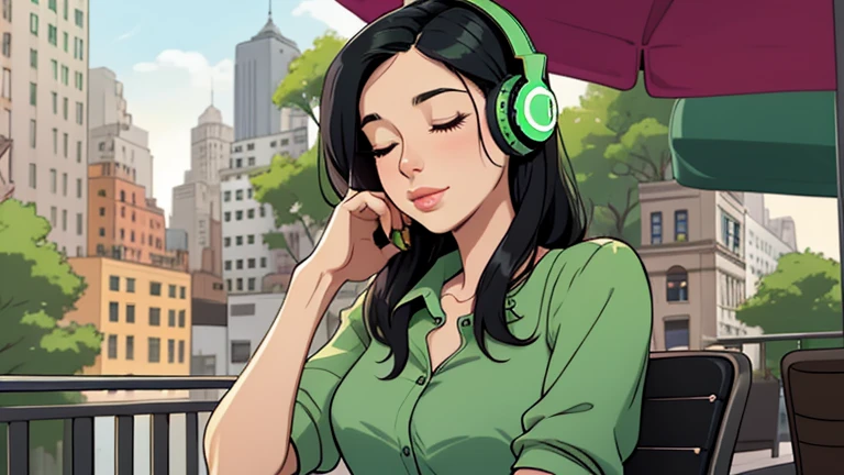 Beautiful woman in her 30s with black hair is sitting with headphones on the cafe terrace. Looking down, eyes closed, LOFI girl, alone in the room, green blouse, relaxing mood, cozy, only five fingers, new york, Starbucks, colorful, Well-proportioned face