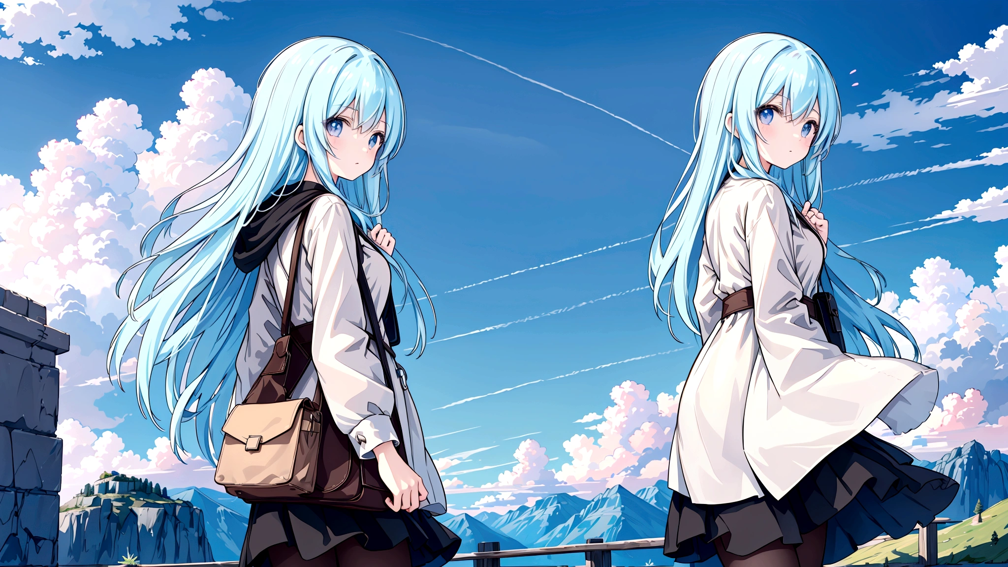 An anime-style image of a young woman journeying through a vast, mysterious world. She is shown walking with a determined expression, carrying a bag and looking out at the endless roads ahead. The background includes diverse landscapes such as mountains, forests, and open skies, depicted with soft, pastel colors to create a dreamy and adventurous mood. The scene captures the essence of adventure, hope, and the excitement of new discoveries. The image should be in a 16:9 aspect ratio.A vast world