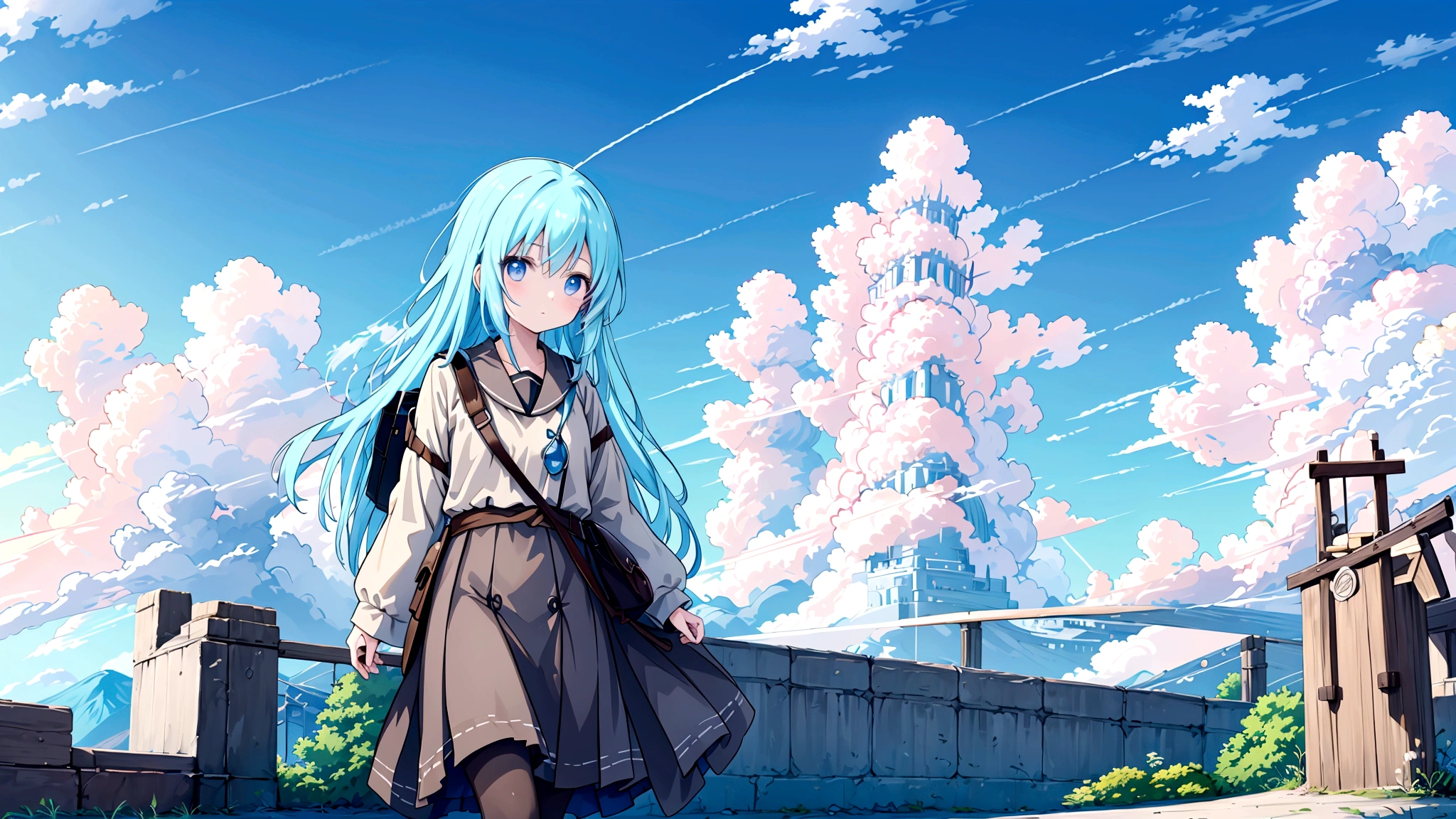 An anime-style image of a young woman journeying through a vast, mysterious world. She is shown walking with a determined expression, carrying a bag and looking out at the endless roads ahead. The background includes diverse landscapes such as mountains, forests, and open skies, depicted with soft, pastel colors to create a dreamy and adventurous mood. The scene captures the essence of adventure, hope, and the excitement of new discoveries. The image should be in a 16:9 aspect ratio.A vast world