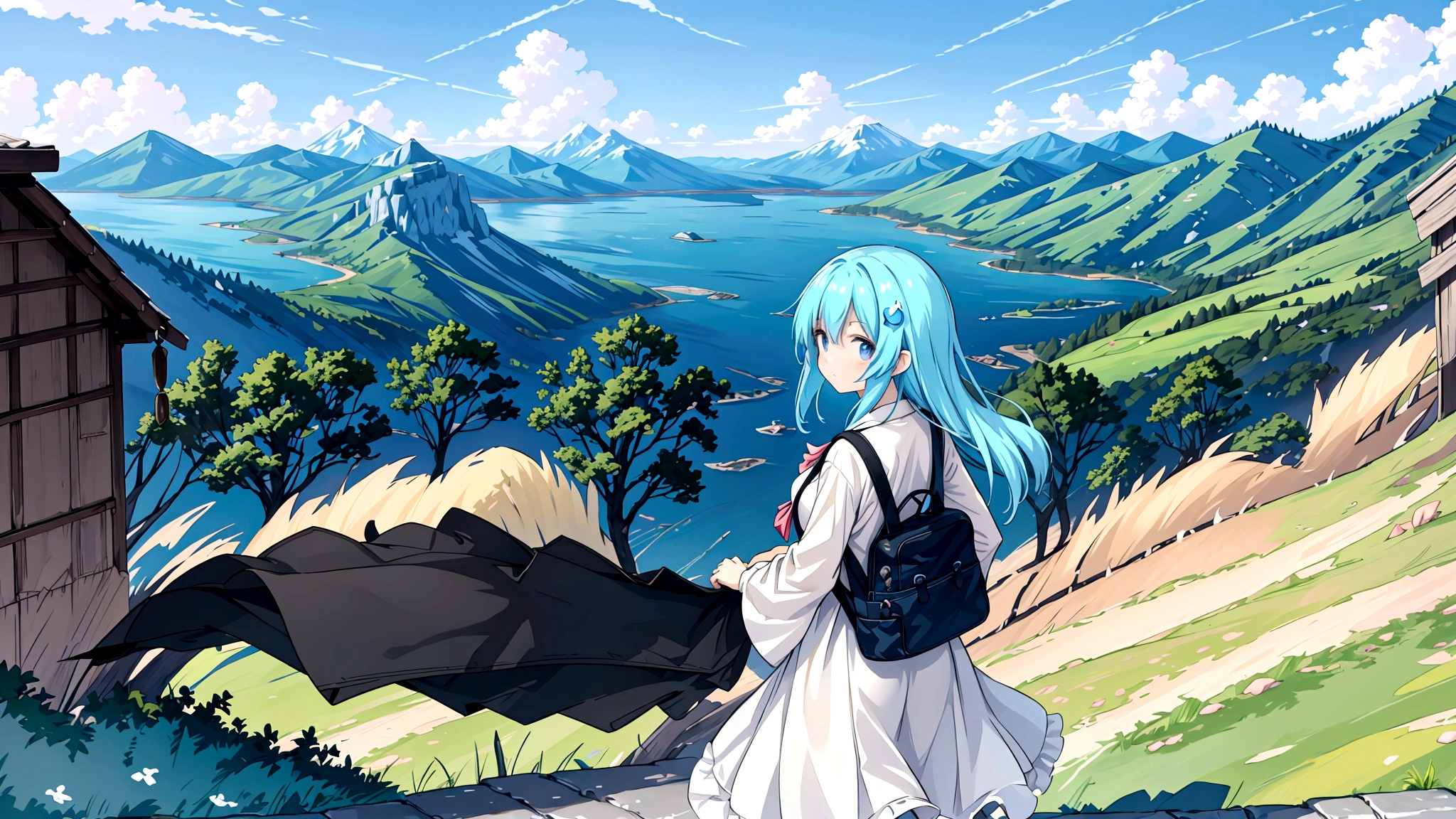 An anime-style image of a young woman journeying through a vast, mysterious world. She is shown walking with a determined expression, carrying a bag and looking out at the endless roads ahead. The background includes diverse landscapes such as mountains, forests, and open skies, depicted with soft, pastel colors to create a dreamy and adventurous mood. The scene captures the essence of adventure, hope, and the excitement of new discoveries. The image should be in a 16:9 aspect ratio.A vast world