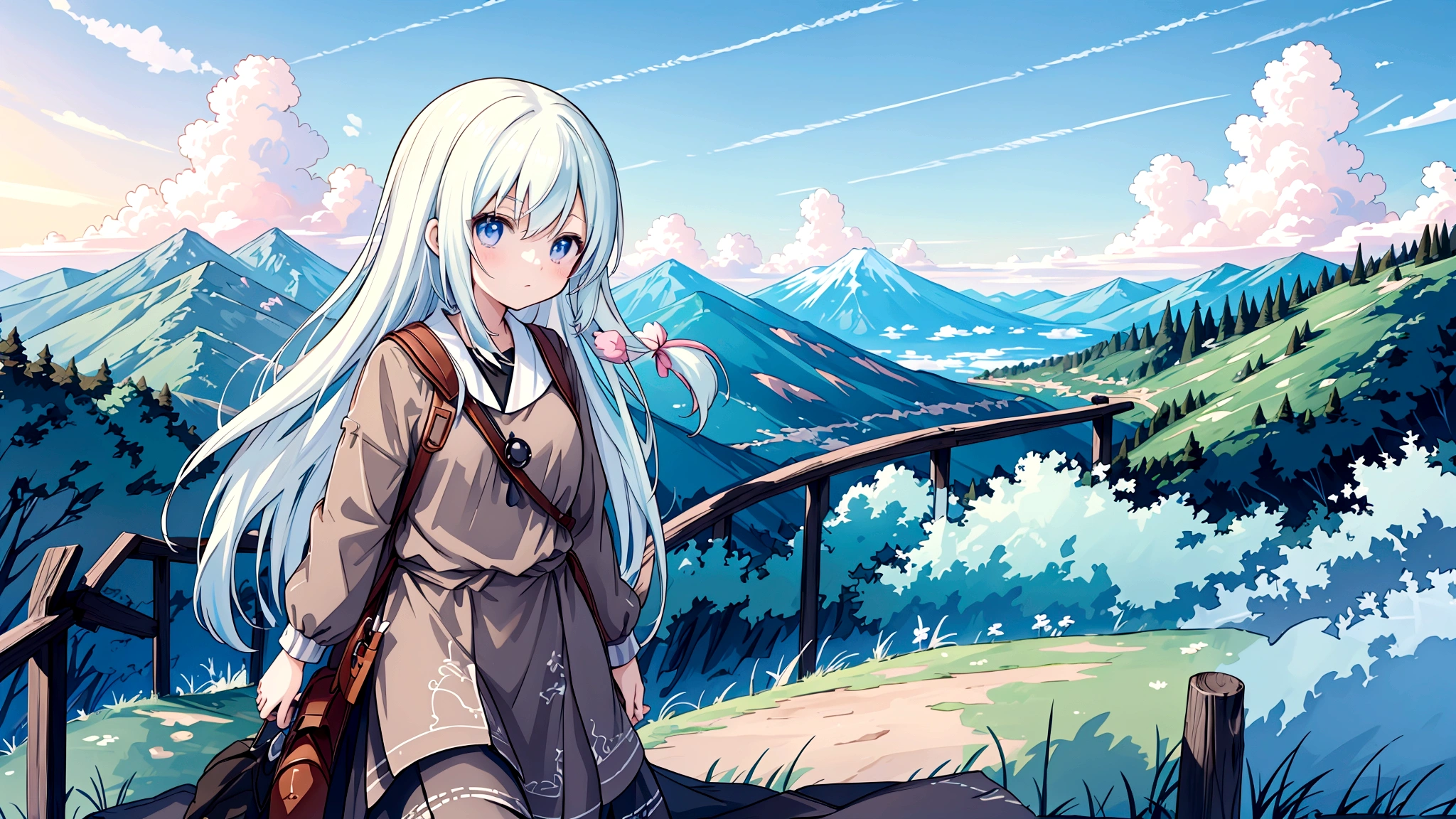 An anime-style image of a young woman journeying through a vast, mysterious world. She is shown walking with a determined expression, carrying a bag and looking out at the endless roads ahead. The background includes diverse landscapes such as mountains, forests, and open skies, depicted with soft, pastel colors to create a dreamy and adventurous mood. The scene captures the essence of adventure, hope, and the excitement of new discoveries. The image should be in a 16:9 aspect ratio.A vast world