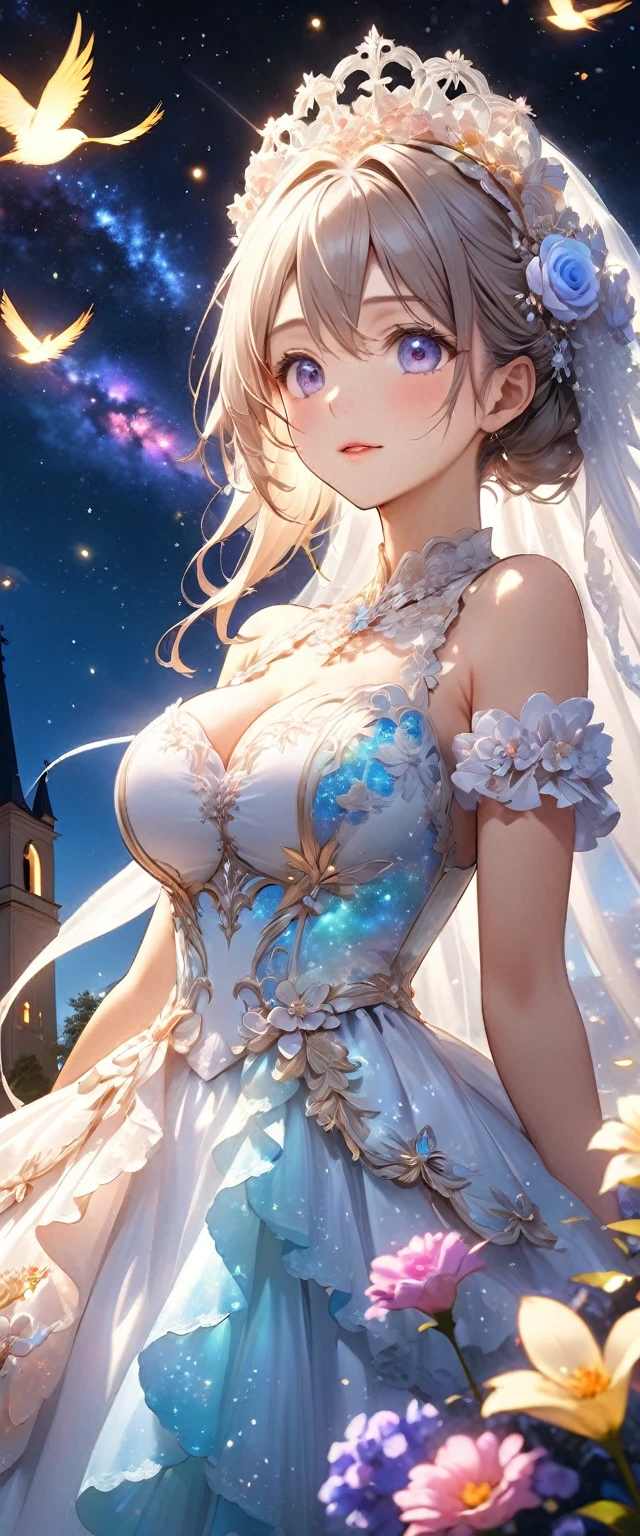 best quality, Super quality, 16K, Ridiculous, Very detailed, 2.5D, delicate and dynamic, church, Brightly colored stained glass, Faint lights and flying fireflies, night, Starry Sky, Milky Way, nebula, meteor, Flowers, birds, Wind and Moon, The expression is extremely delicate, Delicate eye expression, Upper body close-up, , The Only Sexy Girl, Healthy body shape, 22 years old woman, bride, Height 170cm, Huge firm bouncing breasts, Colorful headdress, Long wedding dress with complex structure, Colorful long wedding dress, Ruffled Sheer Long Wedding Dress, Extra long cape