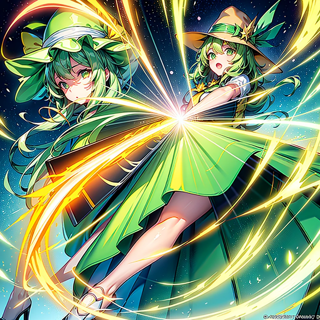 1girl、Dynamic composition、Yellow-green laser、(((Best Quality、Masterpiece、Official Art、Anime Style、The best dynamic composition、超detailed)))、Shine Muscat personification，Yellow-green hunting hat and coat，Light soft color coat and hat，Super huge、detailed、whole body、The finest details、