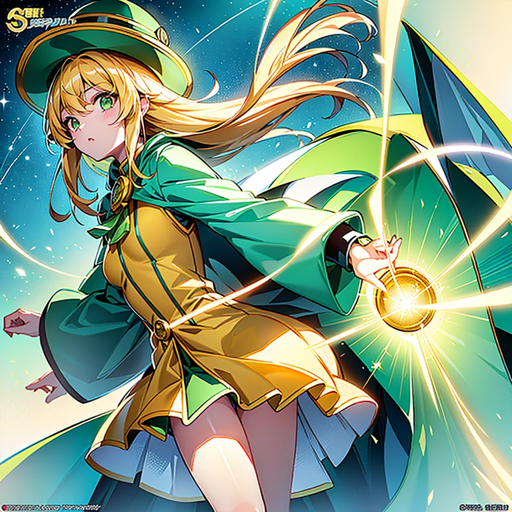 1girl、Dynamic composition、Yellow-green laser、(((Best Quality、Masterpiece、Official Art、Anime Style、The best dynamic composition、超detailed)))、Shine Muscat personification，Yellow-green hunting hat and coat，Light soft color coat and hat，Super huge、detailed、whole body、The finest details、