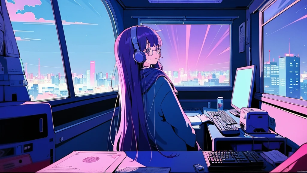 (from behind), Anime girl sitting in front of a computer in a cozy bedroom, Girl listening to music while studying in a cozy room (night), Using headphones, on the roof, (beautiful night views from windows), lots of things, 2D anime style, The aesthetics of anime in the 90s, lo-fi, long hair, very detailed, Hard disk, A mix of anime style and Fujifilm, surreal, 8K, masterpiece, violet eyes,black gloves, round glasses, long sleeves,violet hair, round glasses, Flat Chest, smile
