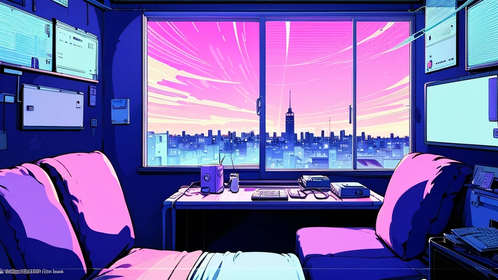 (from behind), Anime girl sitting in front of a computer in a cozy bedroom, Girl listening to music while studying in a cozy room (night), Using headphones, on the roof, (beautiful night views from windows), lots of things, 2D anime style, The aesthetics of anime in the 90s, lo-fi,  long hair, very detailed, Hard disk, A mix of anime style and Fujifilm, surreal, 8K, masterpiece, violet eyes,black gloves, round glasses, long sleeves,violet hair, round glasses, Flat Chest, smile