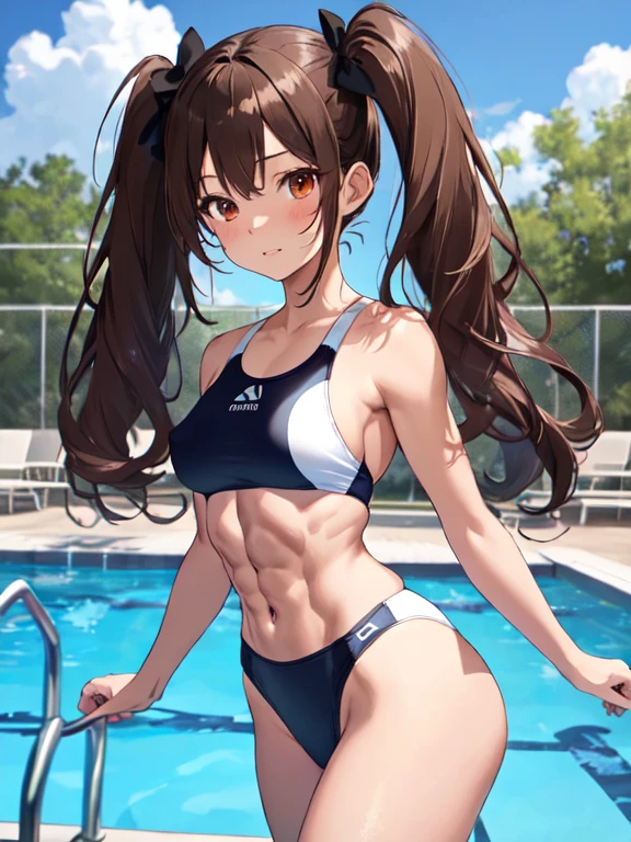 Cute face:1.5, Petite:1.5, , Long Hair, Twin tails, Brown Hair, White swimsuit, Pool, Small breasts, Toned body, Toned Abs, Pointed nipples, uhd, retina, masterpiece, ccurate, anatomically correct, textured skin, super detail, high details, high quality, best quality, highres, 4K