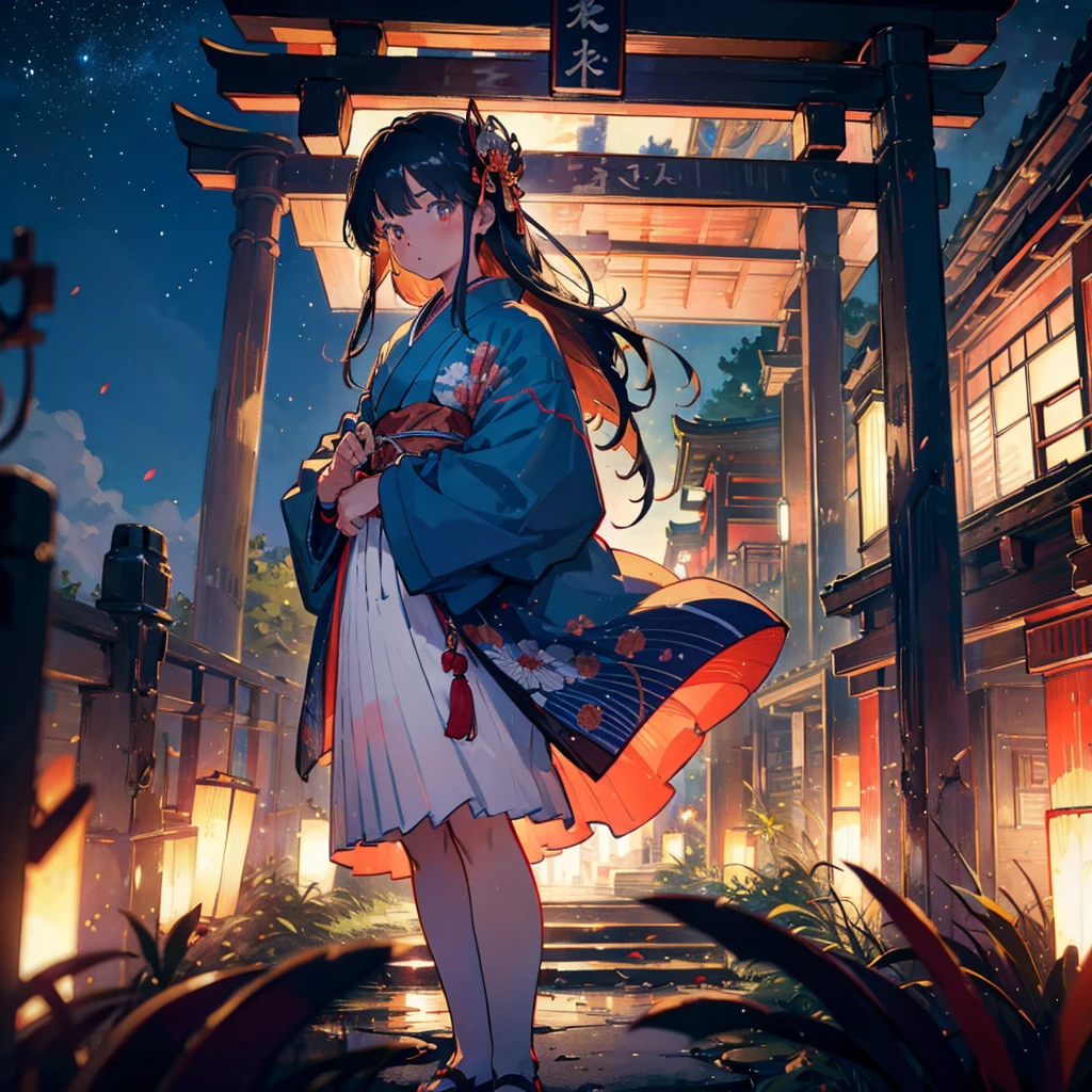 (masterpiece), (high resolution 8K), professional illustration,(1 girl:1.3), late teenage, standing, thigh focus, dutch angle, japanese clothes, kimono, hair ornament, long hair, smile, looking up, shrine, temple, torii, beautiful starry sky, night,natural lighting, high contrast, stunning face, symmetrical clear eyes, detailed eyes and face, detailed skin