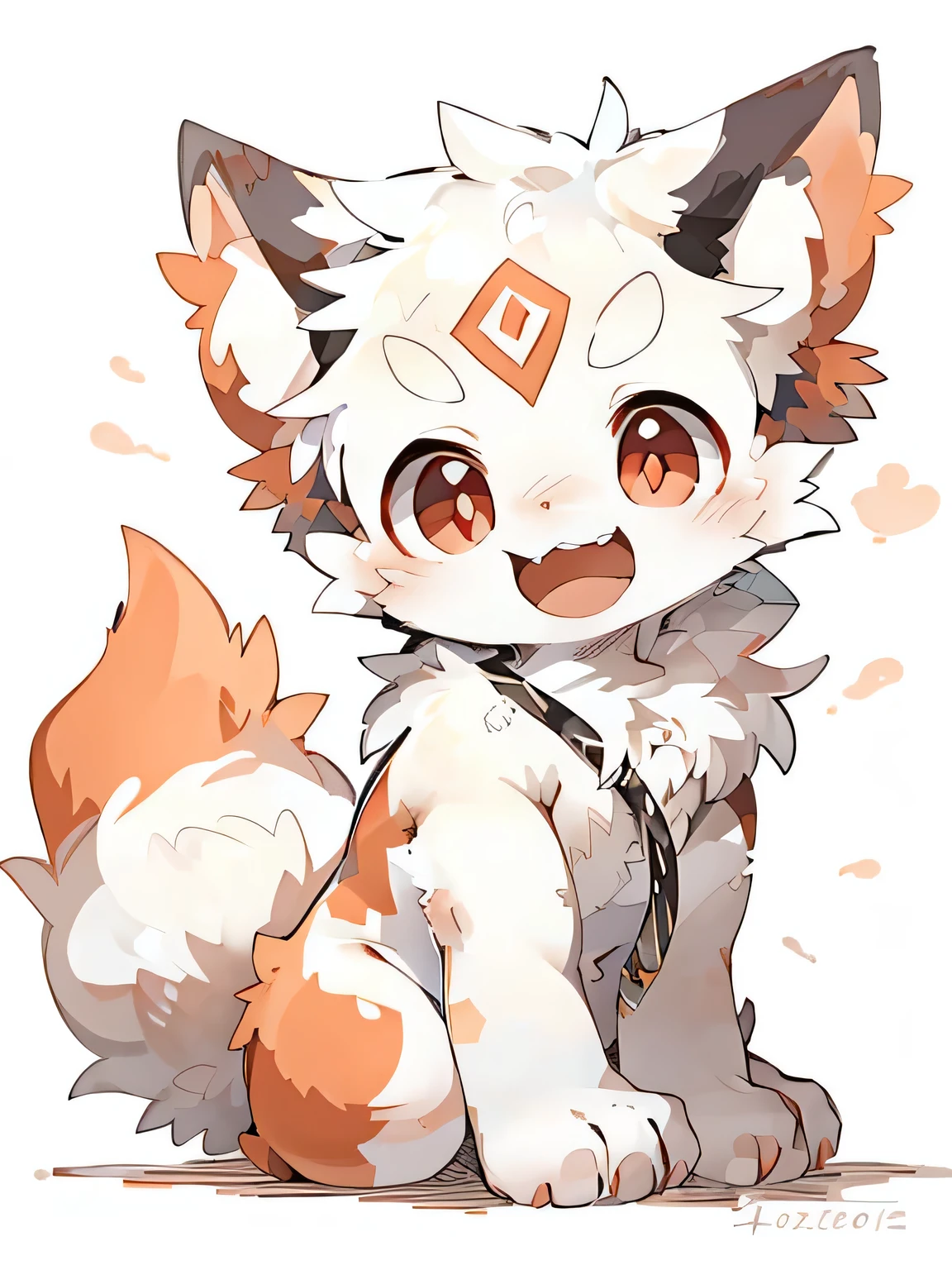 Red eyes，White hair，Pure white tail，White ears，sit