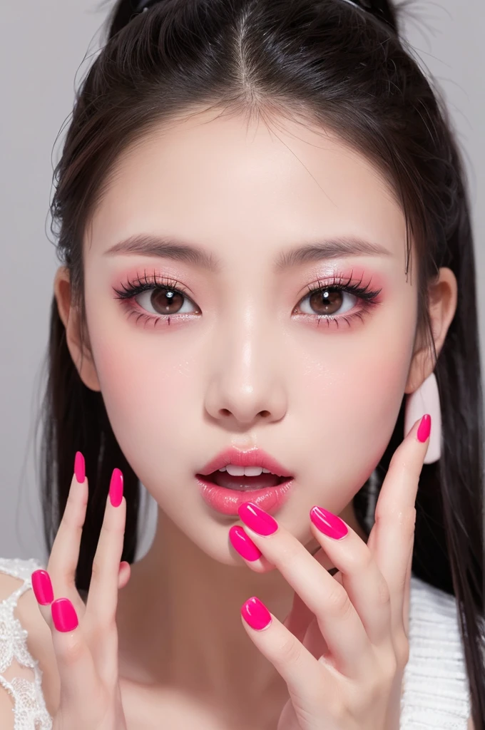 beautiful girl、Blowjob、ponytail、Red eyes、White skin、Pink lips、Long fingers、Black Nails