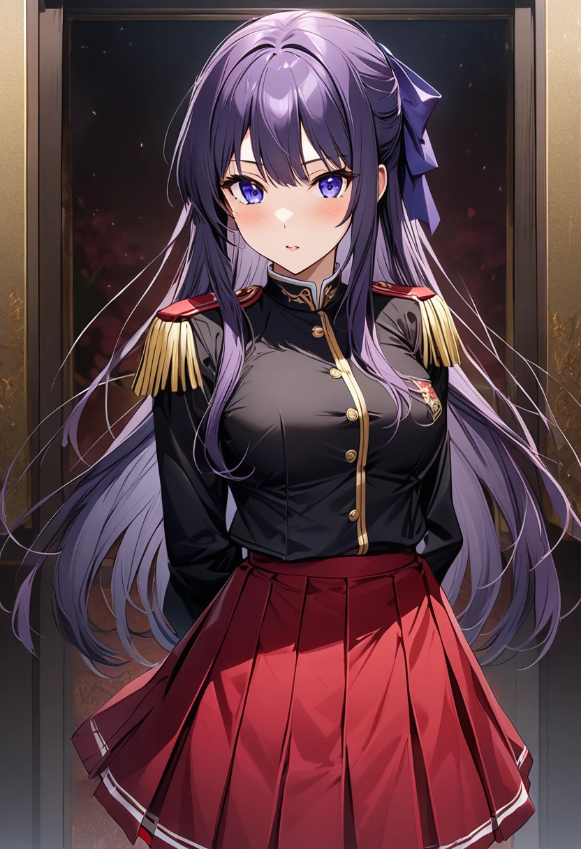 Highest quality、unity 8k wallpaper、32k、masterpiece、Very detailed、Ultra-high resolution、Very detailedな顔、RAW Photos、Professional、Ultra-fine painting、High-quality metal texture、High quality fabric、Ryuzoji Akane、Hands on hips、Purple hair ribbon、Black Uniform、Red pleated skirt、