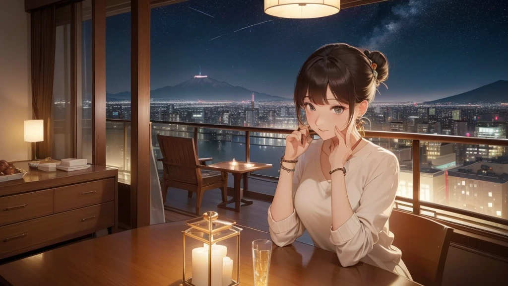 (Very detailed,High resolution,masterpiece:1.2)Night view from the balcony or terrace of a high-rise apartment building in Japan, Starry Sky、milky way、Tanabata bamboo decorations: Focus on women in their 20s to 40s with calm expressions. Light brown hair. She is wearing a jacket over a long-sleeved top.、Earring Accessories, bracelet, clock. .(Highest quality:1.2), Very detailed, High resolution, Tabletop:1,2, Vibrant colors, Bokeh, Professional Lighting, Physically Based Rendering, Flat Color:0.8, Fine 図, Realistic:1.37, Shinkai Makoto style, Your name style,long hair 、 Elegant update,ponytail,Hair Bun。。(masterpiece: 1,2)、(masterpiece: 1,2)、High resolution、超High resolution、Highest quality、High resolution、