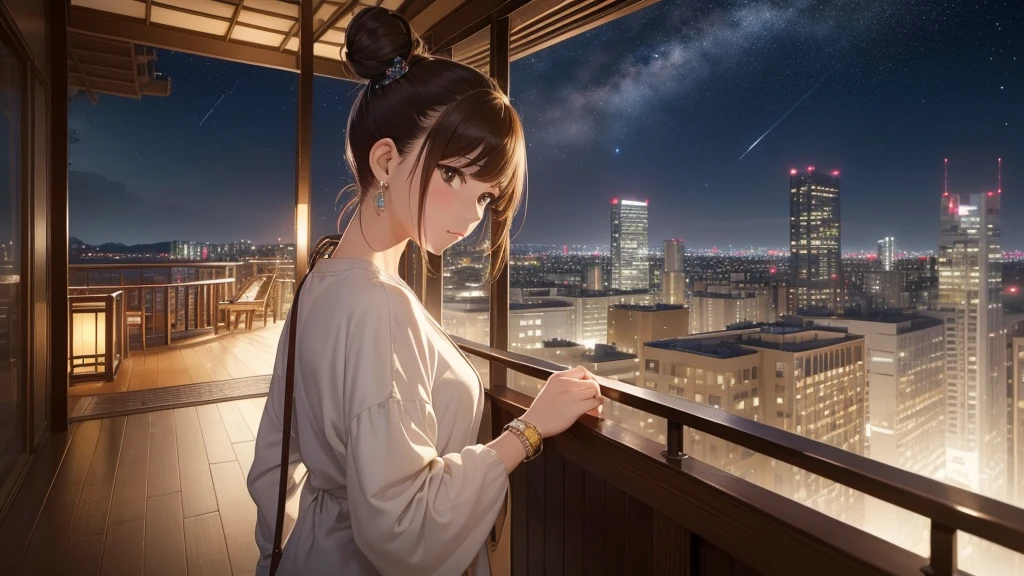 (Very detailed,High resolution,masterpiece:1.2）Night view from the balcony or terrace of a high-rise apartment building in Japan, Starry Sky、milky way、Tanabata bamboo decorations: Focus on women in their 20s to 40s with calm expressions. Light brown hair. She is wearing a jacket over a long-sleeved top.、Earring Accessories, bracelet, clock. .(Highest quality:1.2), Very detailed, High resolution, Tabletop:1,2, Vibrant colors, Bokeh, Professional Lighting, Physically Based Rendering, Flat Color:0.8, Fine 図, Realistic:1.37, Shinkai Makoto style, Your name style,long hair 、 Elegant update,ponytail,Hair Bun。。(masterpiece: 1,2)、(masterpiece: 1,2)、High resolution、超High resolution、Highest quality、High resolution、