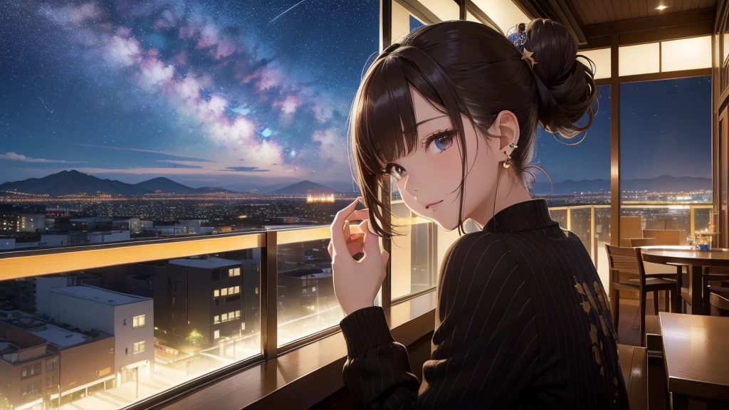 (Very detailed,High resolution,masterpiece:1.2)Night view from the balcony or terrace of a high-rise apartment building in Japan, Starry Sky、milky way、Tanabata bamboo decorations: Focus on women in their 20s to 40s with calm expressions. Light brown hair. She is wearing a jacket over a long-sleeved top.、Earring Accessories, bracelet, clock. .(Highest quality:1.2), Very detailed, High resolution, Tabletop:1,2, Vibrant colors, Bokeh, Professional Lighting, Physically Based Rendering, Flat Color:0.8, Fine 図, Realistic:1.37, Shinkai Makoto style, Your name style,long hair 、 Elegant update,ponytail,Hair Bun。。(masterpiece: 1,2)、(masterpiece: 1,2)、High resolution、超High resolution、Highest quality、High resolution、
