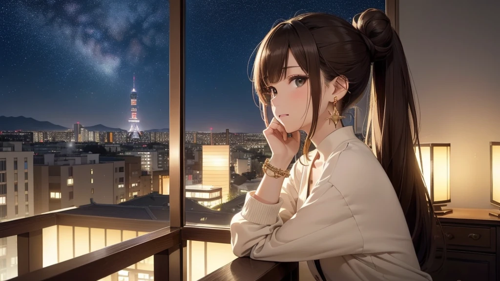 (Very detailed,High resolution,masterpiece:1.2)Night view from the balcony or terrace of a high-rise apartment building in Japan, Starry Sky、milky way、Tanabata bamboo decorations: Focus on women in their 20s to 40s with calm expressions. Light brown hair. She is wearing a jacket over a long-sleeved top.、Earring Accessories, bracelet, clock. .(Highest quality:1.2), Very detailed, High resolution, Tabletop:1,2, Vibrant colors, Bokeh, Professional Lighting, Physically Based Rendering, Flat Color:0.8, Fine 図, Realistic:1.37, Shinkai Makoto style, Your name style,long hair 、 Elegant update,ponytail,Hair Bun。。(masterpiece: 1,2)、(masterpiece: 1,2)、High resolution、超High resolution、Highest quality、High resolution、