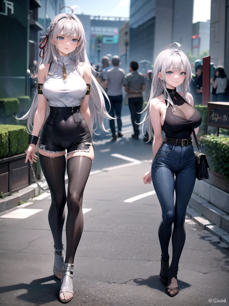 huge chest)),long hair,((silver hair,blue eyes)), daylight, sunlight, (perfect body : 1.0), neck, chain, Full body shot, Wear a black sleeveless t-shirt, jeans jacket, ((shorts)),(Masterpiece), (The best quality:1.0), (Ultra Highres:1.0), beautiful lighting ,Perfect lightning, realistic shadows, [High Resolutions], detailed skin, ultra detailed,arms behind your head, big breasts, anime style, Showing your underwear, camel toe,