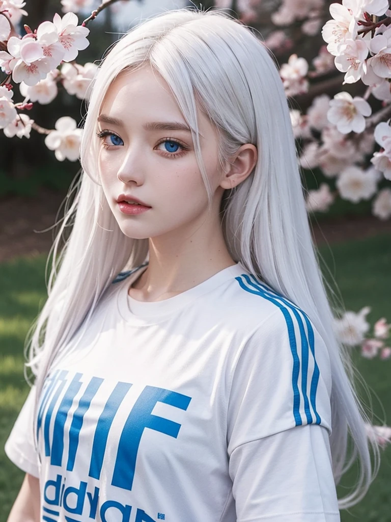 Long white hair, blue eyes, white skin, cherry blossom , adidas t-shirt 