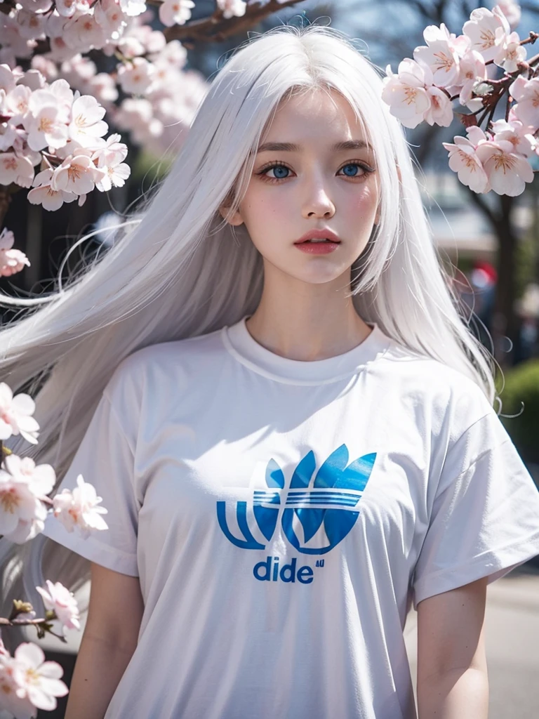 Long white hair, blue eyes, white skin, cherry blossom , adidas t-shirt
