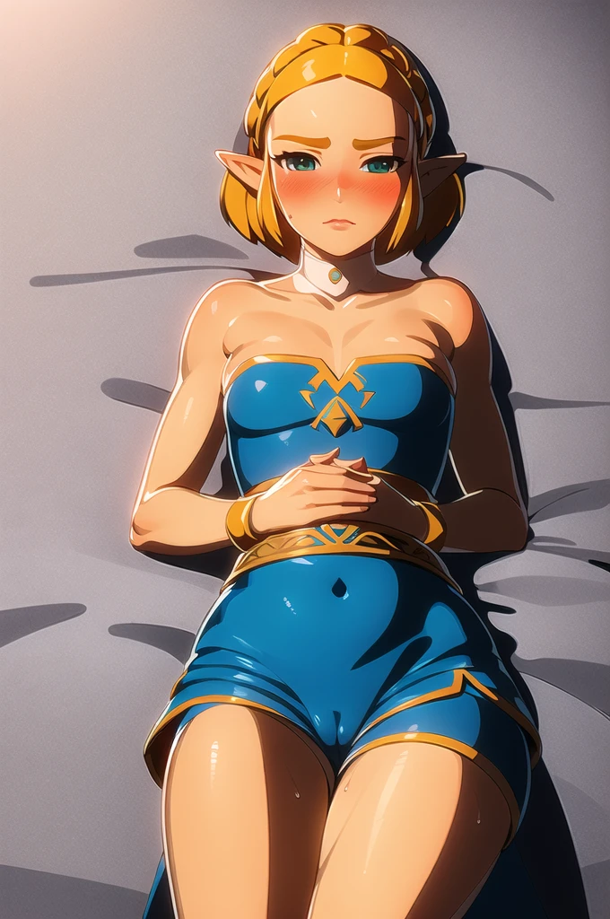 NSFW，masterpiece,best quality,Zelda\(PRİNCESS\),POV，cowboy shot，1girl, flat chest,short_hair,dress，open clothes, (embrassing，blush:1.2),(vapor:1.0),(wet:0.8),(Sweat:0.8)，bedroom，on the bed，lying