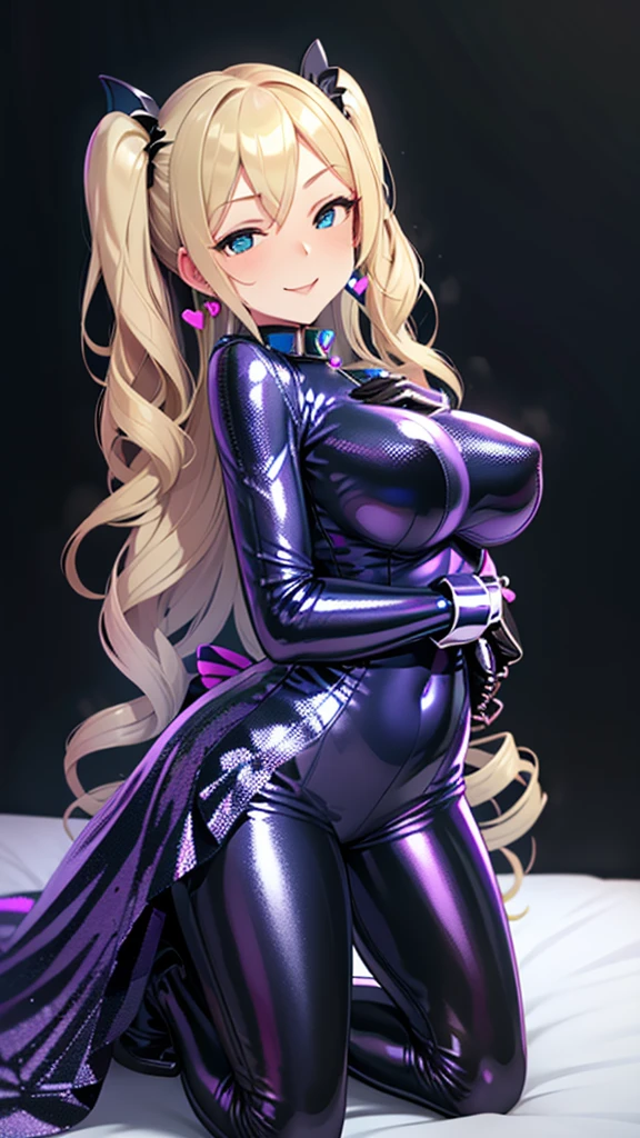 Erotic Tall blonde curly hair twin tail drill big breasts adult married woman Light blue sequin rubber suit, black background, hearts, bedroom, dark theme, evil, temptation, excitement, condescending smile, sexy pose, upper body emphasis, angle from below, white angel wings, angel, hands on knees