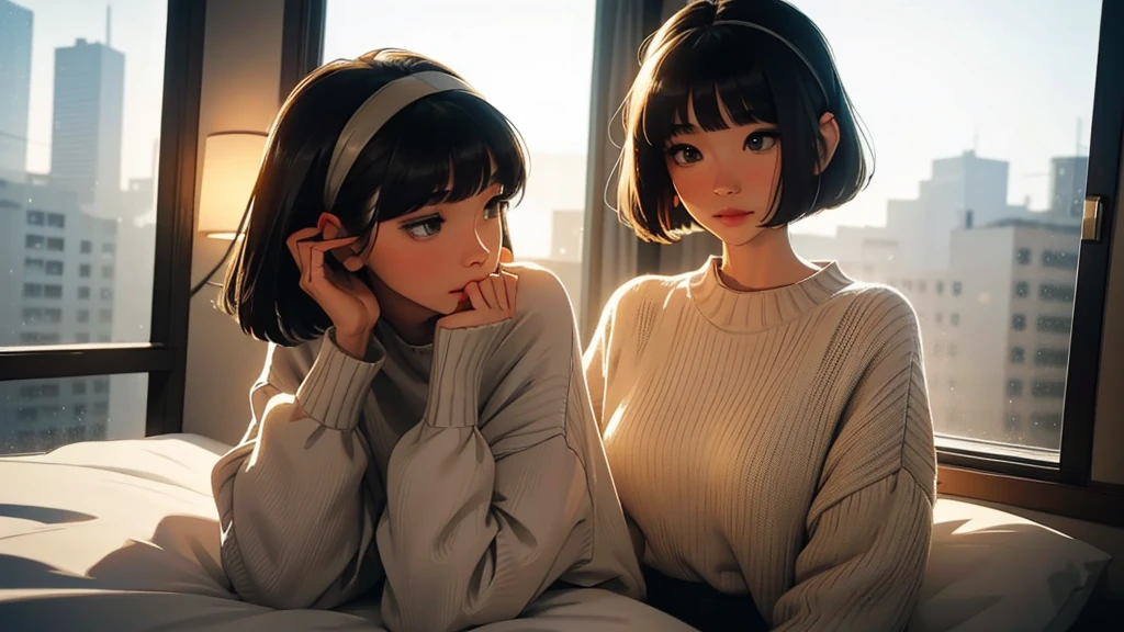 best quality,完美的masterpiece,perfect work of art,8K, A very detailed beautiful woman, Perfect face,Black Hair, bob cut,Bangs, Gray eyes, Super detailed, delicate face, Wearing a big sweater, Wearing headband headphones, commend, peaceful, Quiet atmosphere, Chilling, Looking out the window in her bedroom, night, quiet night, masterpiece, best quality, study