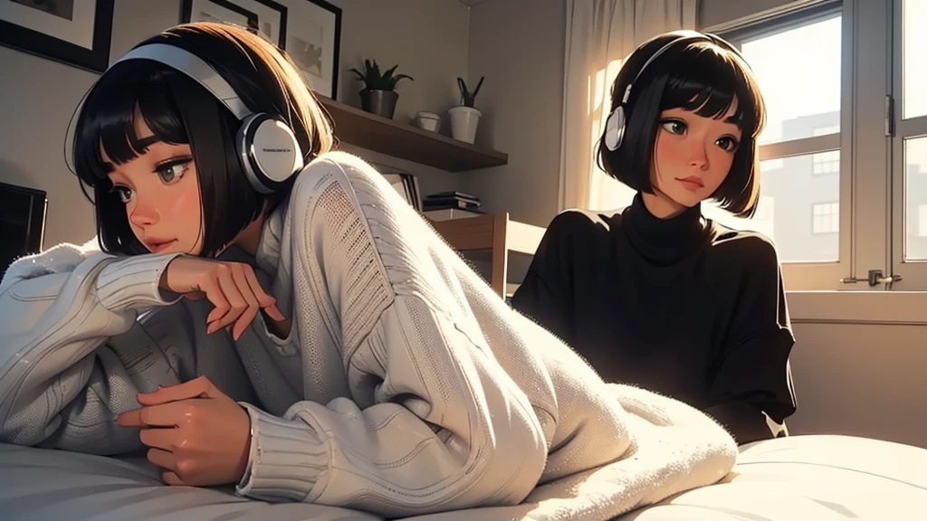 best quality,完美的masterpiece,perfect work of art,8K, A very detailed beautiful woman, Perfect face,Black Hair, bob cut,Bangs, Gray eyes, Super detailed, delicate face, Wearing a big sweater, Wearing headband headphones, commend, peaceful, Quiet atmosphere, Chilling, Looking out the window in her bedroom, night, quiet night, masterpiece, best quality, study
