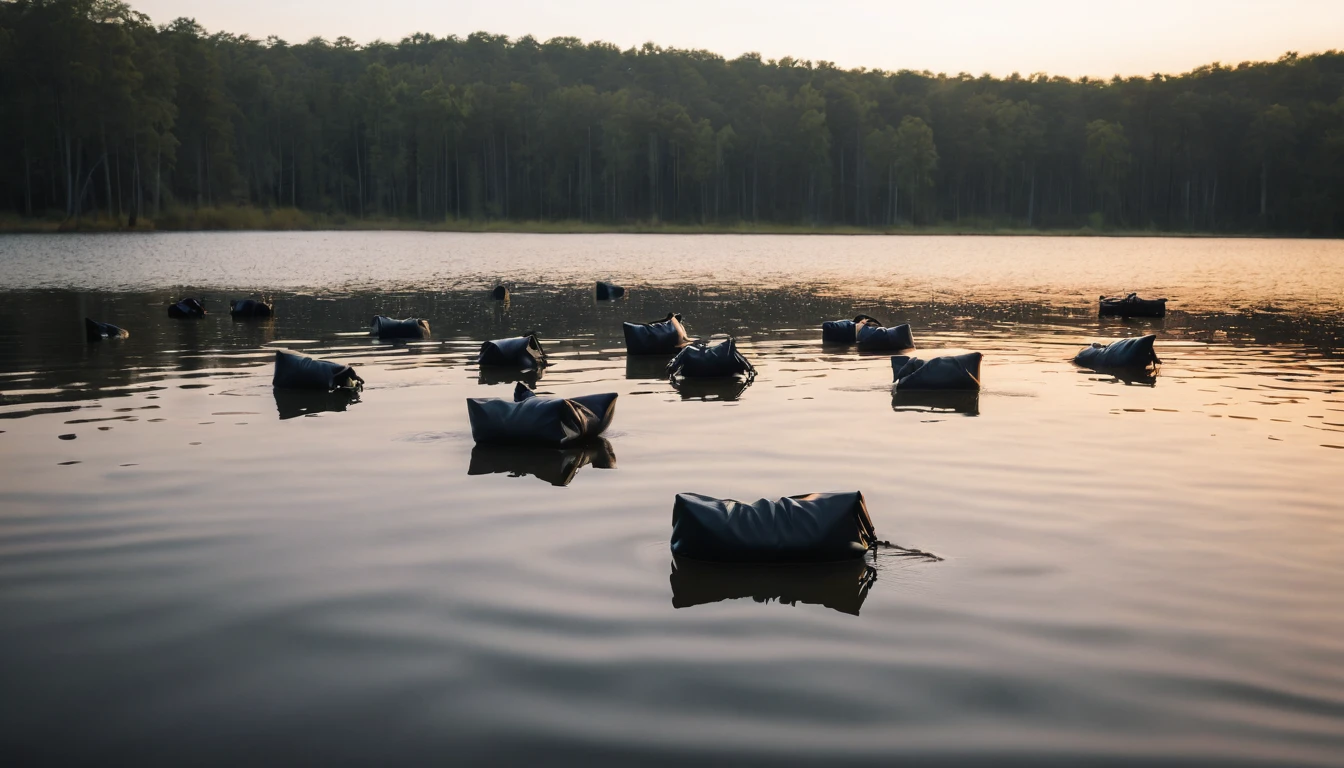 black bags sinking in a lake at dawn.
