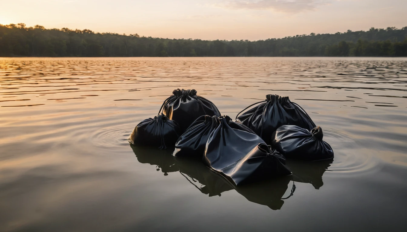 black bags sinking in a lake at dawn.