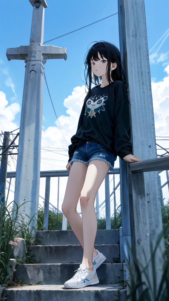 masterpiece, Exquisite detail,Highest quality, One girl, alone, handrail, cloud, 立ってzeroを見上げている,Long Hair, shoes, zero, Long sleeve, sneakers, Power lines, White footwear, Black Hair, View your viewers, Electric pole, bangs, cloudy zero, fish, bird, Green Eyes, Shorts, animal, Day, Black Shirt, barefoot