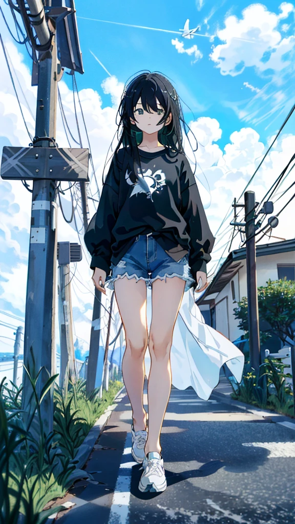 masterpiece, Exquisite detail,Highest quality, One girl, alone, handrail, cloud, 立ってzeroを見上げている,Long Hair, shoes, zero, Long sleeve, sneakers, Power lines, White footwear, Black Hair, View your viewers, Electric pole, bangs, cloudy zero, fish, bird, Green Eyes, Shorts, animal, Day, Black Shirt, barefoot