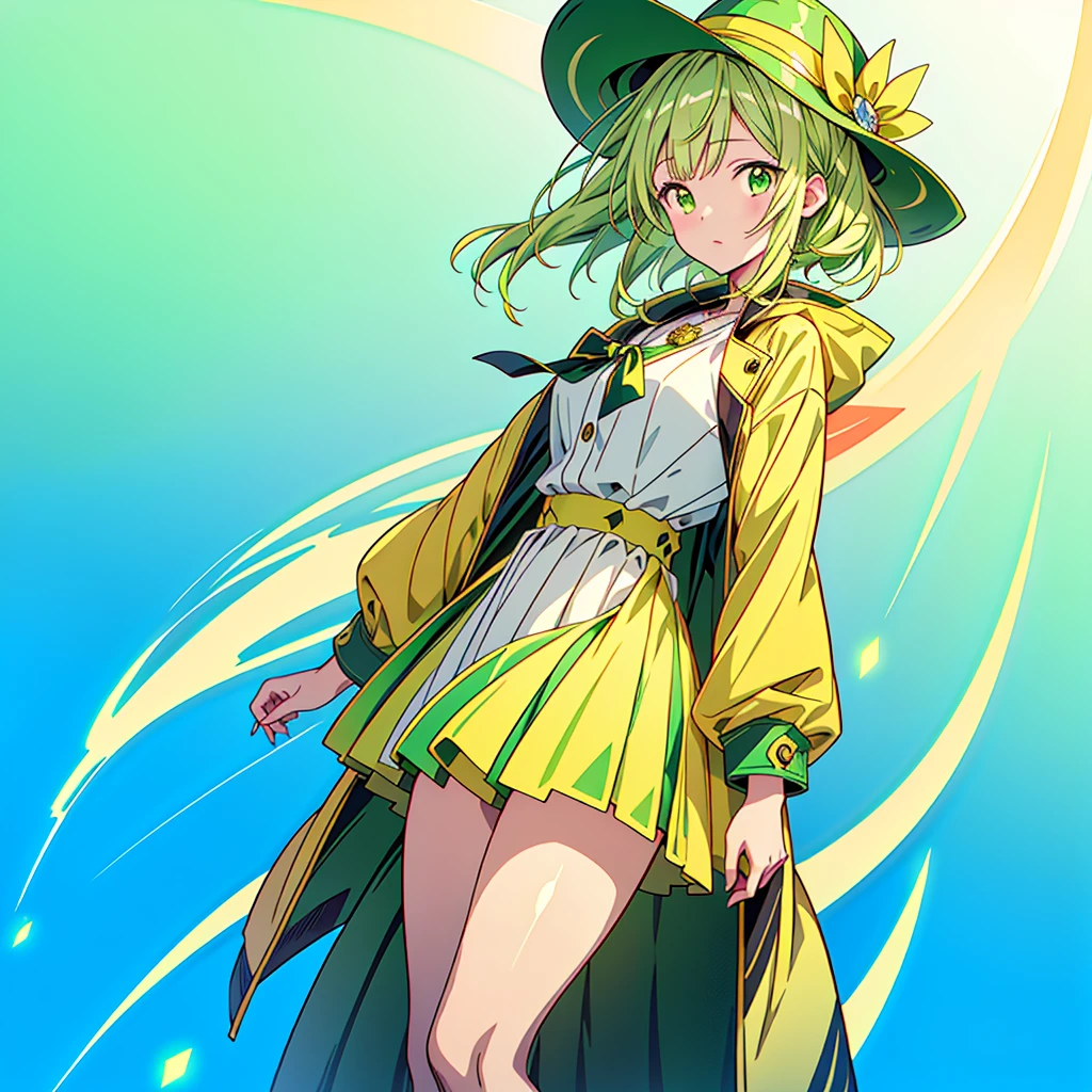 1girl、Dynamic composition、Yellow-green laser、(((Best Quality、Masterpiece、Official Art、Anime Style、The best dynamic composition、超detailed)))、Shine Muscat personification，Yellow-green hunting hat and coat，Light soft color coat and hat，Super huge、detailed、whole body、The finest details、
