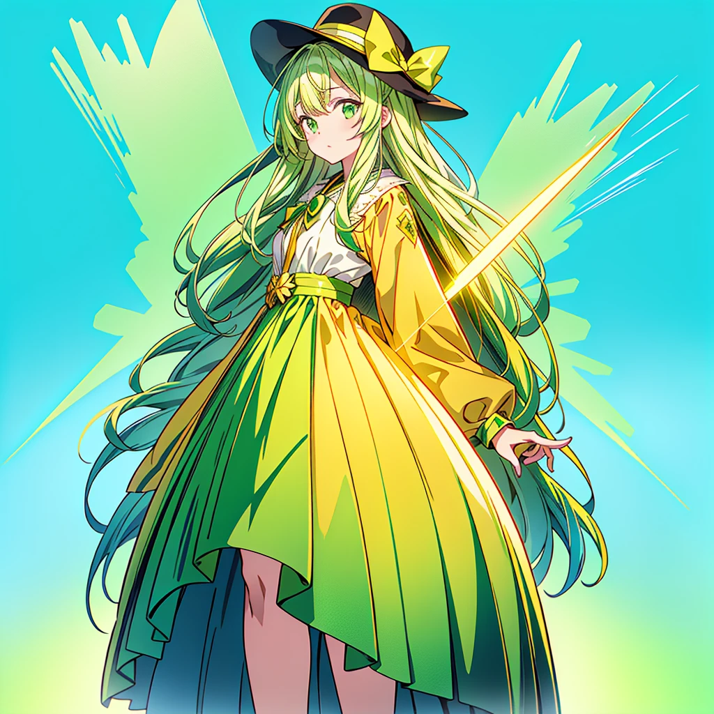 1girl、Dynamic composition、Yellow-green laser、(((Best Quality、Masterpiece、Official Art、Anime Style、The best dynamic composition、超detailed)))、Shine Muscat personification，Yellow-green hunting hat and coat，Light soft color coat and hat，Super huge、detailed、whole body、The finest details、