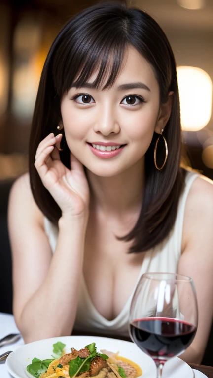 （masterpiece）、(Highest quality:1.5)、(Photorealistic:1.2)、(Surreal), (High resolution), (Realistic), (Post-processing),(Sharp focus), Sharp focus:1.2,Backlight, (Improvement of quality:1.4), Healthy thighs、(Narrow waist)、Big 、((Perfectly detailed five-fingered hands)),（Anatomically correct body）、((1 female:1.4))、Japanese、Realistic Skin、（Small ：1.4）、Bust size is A cup、Pretty woman with perfect figure:1.4,(from the front:1.5), (Enhances the beauty of skin texture:1.1),No makeup、美しいBlack Hair、最高のsmile、Natural color lip、(Small Mouth:1.4)、The mouth is not open、Thick lips、(Oval Face)、Even bangs、Hide eyebrows with bangs、((33-year-old woman))、Bob Hair、Hair blowing in the wind, (Black Hair, Iris, Watery eyes, Shining Eyes, Bob Cut Hair, Small earrings,), Hair behind the ear、No makeup、(Drooping eyes)、whole body、(((One lovely woman)),((優しい大きなsmile)),(( Small ,Small の谷間)),((((Plump Cheeks)))),((whole body：1.５)),very cute,(Baby Face),高級restaurantで、full-course dinner、Wine Party、Bright image、The beauty of wine, Beautiful Face,  red wine 、Appetizers、Italian food、Wine bottle、Champagne、sparkling wine、(slimな顔), (The body is slim),restaurant,  White wine, slim, wine glass, 中央に置かれたwine glass, smile, (smile: 1.15), Beautiful fine grain, Depth f/2,saturation, High Contrast, Strong light and shadow,Moist Body:1.5、3D texture、Delicate eyes、((In front of the food on the table：1.5)）、Wearing a white blouse、Wearing a checked skirt、
