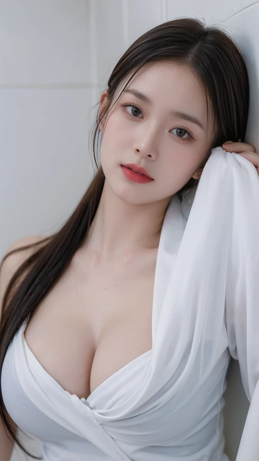 Beautiful and handsome woman, ((Highest quality, 8K, masterpiece:1.3)), Beautiful woman, 1 female, Huge breasts:1.3, Slim figure:1.1, Bouncy dark brown hair, (shower, Wet body, Wet clothes:1.1), Highly detailed face, Detailed lips, Fine grain, double eyelid