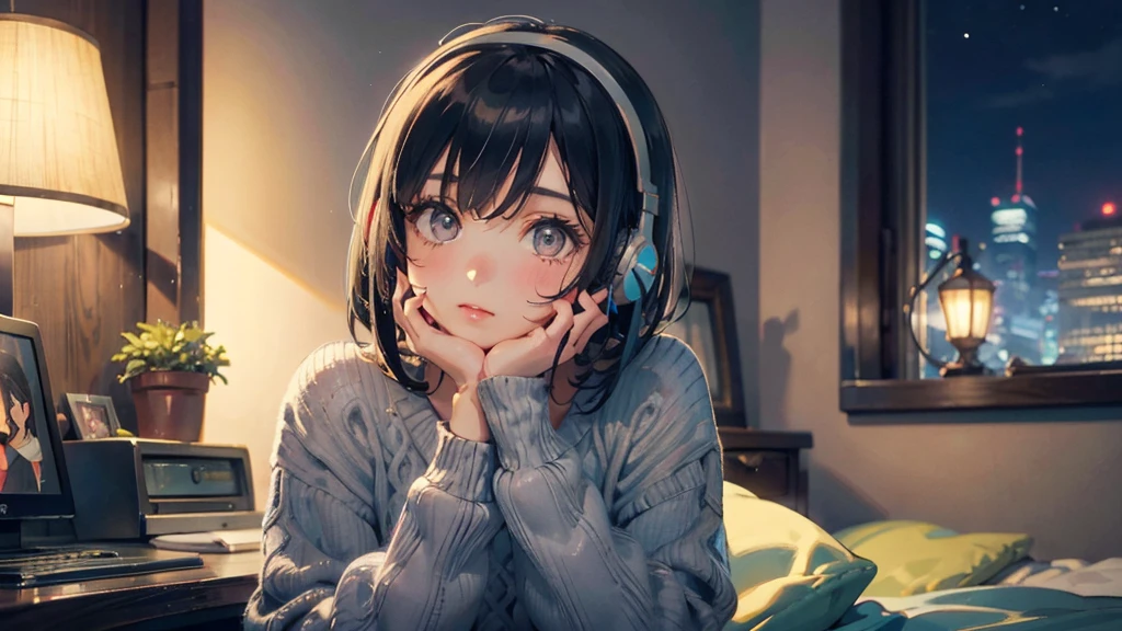 A very detailed beautiful woman, Perfect face,Black Hair, bob cut,Bangs, Gray eyes, Super detailed, Retro Wave , Wearing headphones, Wearing a big sweater, Wearing headband headphones, commend, peaceful, Quiet atmosphere, Chilling, Looking out the window in her bedroom, night, quiet night, masterpiece, best quality, study