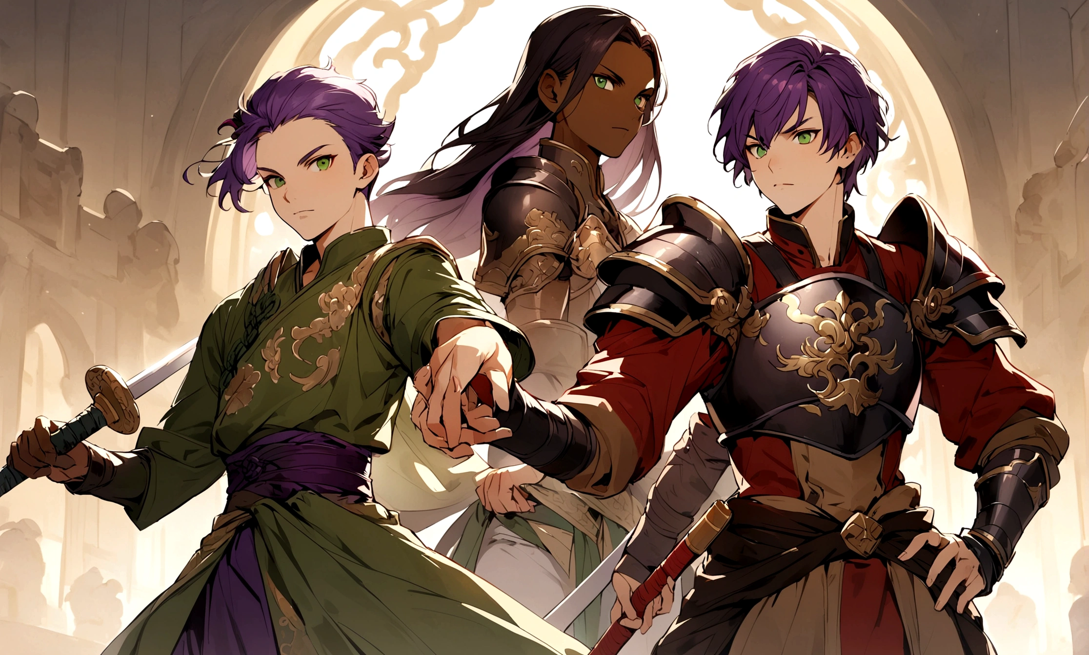 Beautiful youth,male,Purple Hair,Brown Skin,Silky green eyes,Chinese warlords,Wearing armor,Holding a sword
