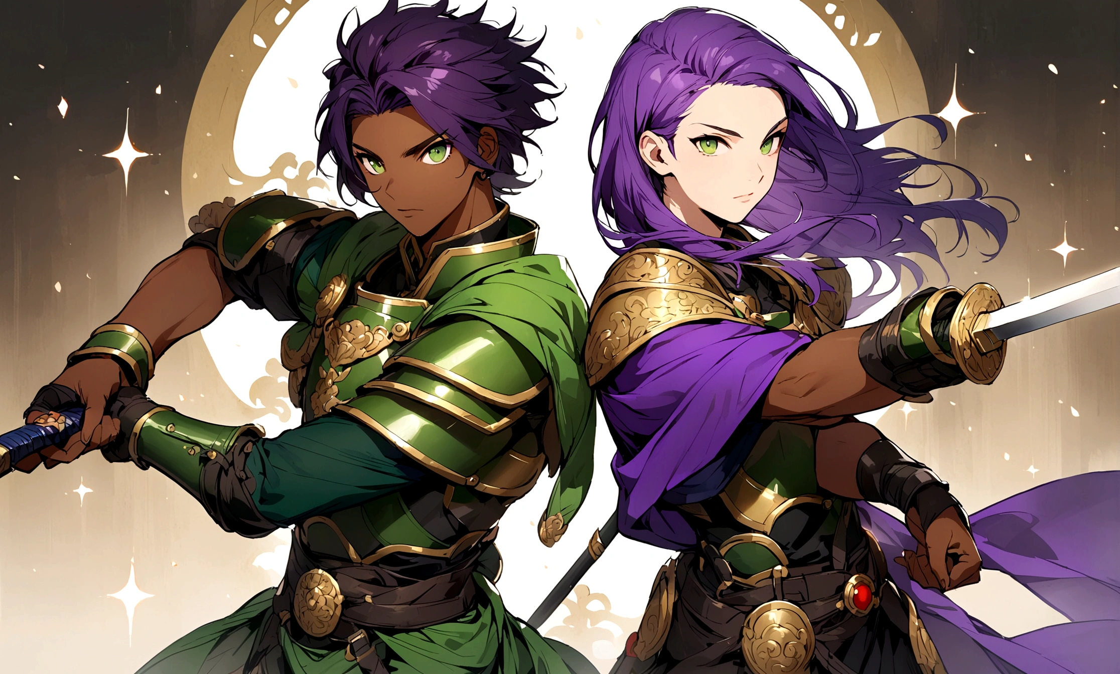 Beautiful youth,male,Purple Hair,Brown Skin,Silky green eyes,Chinese warlords,Wearing armor,Holding a sword