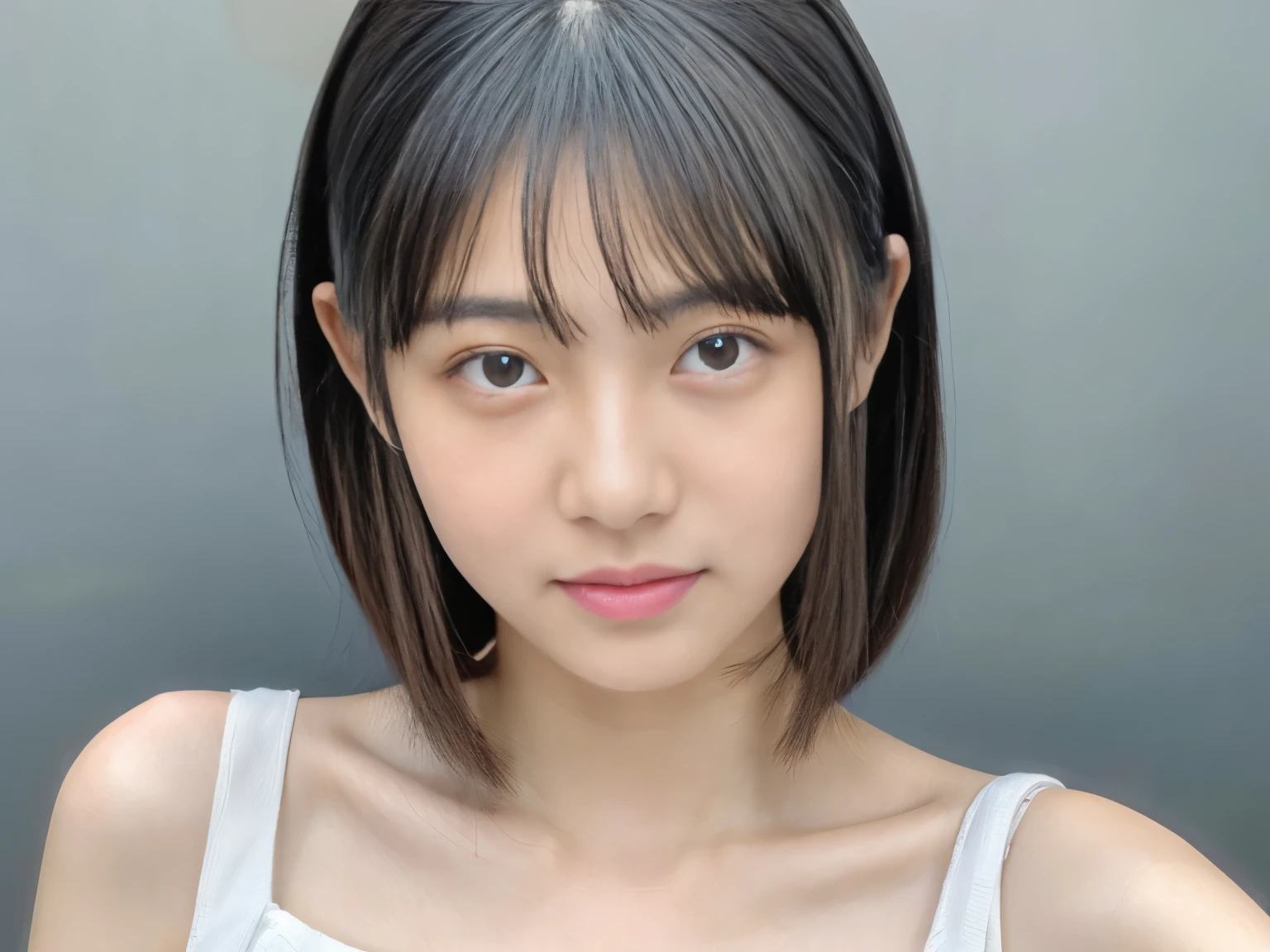 Cute 18 year old Japanese girl in white camisole、Translucent white skin、Pale pink cheeks,、Bust-up portrait、short hair、Looking into the camera、clavicle、High angle camera shooting