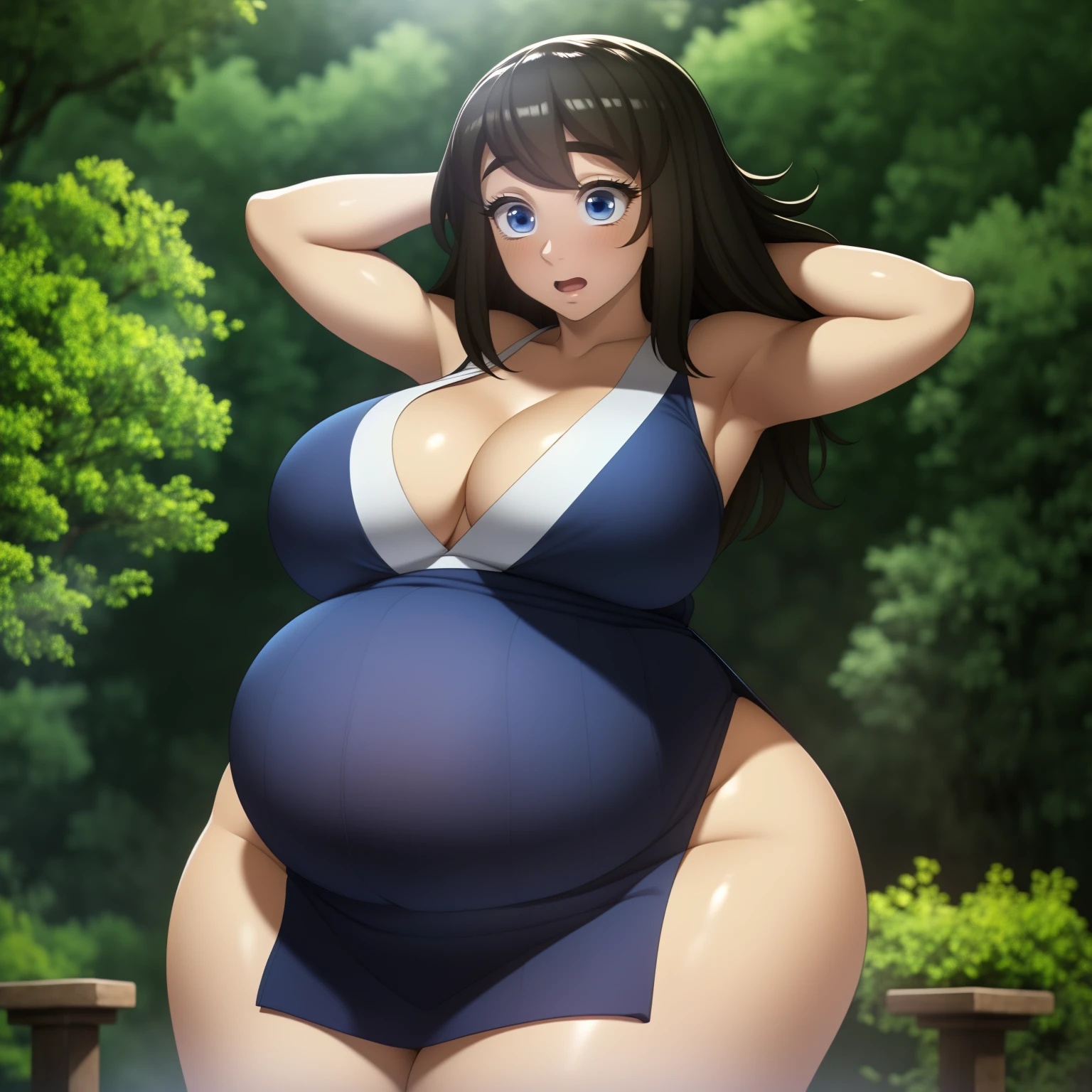 (masterpiece, best quality, extremely detailed CG, beautiful detailed eyes, ultra-detailed, intricate details:1.2), 8k wallpaper, elaborate features, glistening shiny, glowing light, ray tracing, HDR, deph of field, (perfect face), HD, perfect lighting, ((beautiful detailed eyelashes)), ((cowboy shot, looking at viewer)), ((outdoors, sky, day)), solo: 1.5, medium breast, standing, full-face blush,
SumaKNY, blue eyes, black hair, cleavage, long hair, sleeveless, pelvic curtain, bare shoulders, collarpone, striped, side slit, japanese clothes, kimono, thighs, obi, hair beetwen eyes, short kimono, ((big belly, massive belly, giant belly)), shocked, open mouth, (hands behind head:1.4), (solo:1.5)