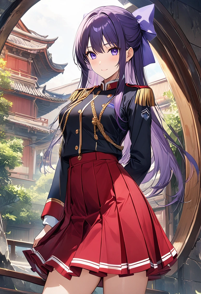 Highest quality、unity 8k wallpaper、32k、masterpiece、Very detailed、Ultra-high resolution、Very detailedな顔、RAW Photos、Professional、Ultra-fine painting、High-quality metal texture、High quality fabric、Ryuzoji Akane、Hands on hips、Purple hair ribbon、Black single button uniform、Red pleated skirt、