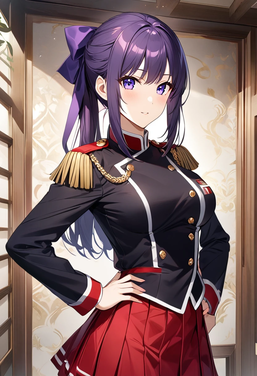 Highest quality、unity 8k wallpaper、32k、masterpiece、Very detailed、Ultra-high resolution、Very detailedな顔、RAW Photos、Professional、Ultra-fine painting、High-quality metal texture、High quality fabric、Ryuzoji Akane、Hands on hips、Purple hair ribbon、Black single button uniform、Red pleated skirt、