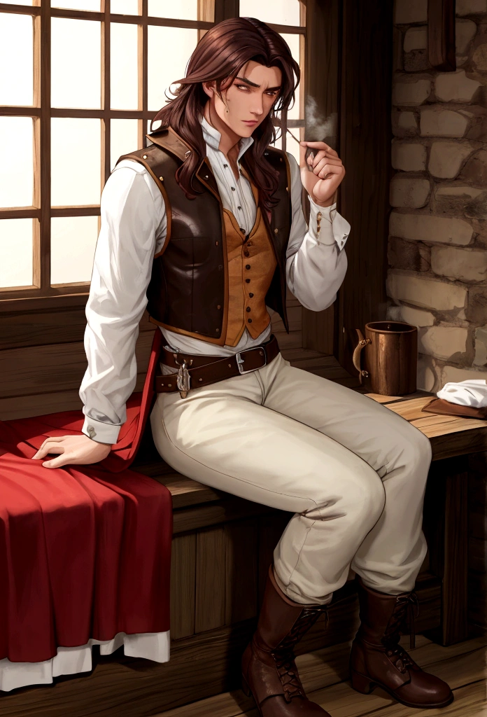 count, 25 years old. He favored loose, fine linen shirts and breeches that allowed him ease of movement, often in earthy tones to contrast his wild nights. A leather vest, adorned with metal fastenings, often replaced the heavy doublet, and his boots, though less polished, were of the finest craftsmanship. His hair, free and flowing. .by OlchaS,hot, 4k ultradetailed,steamy, expressive, emotional,